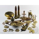 A collection of assorted brass ware to include two Skultuna Bruk shells (inert), highest 26.