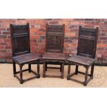 Three 18th century and later oak panel back chairs,