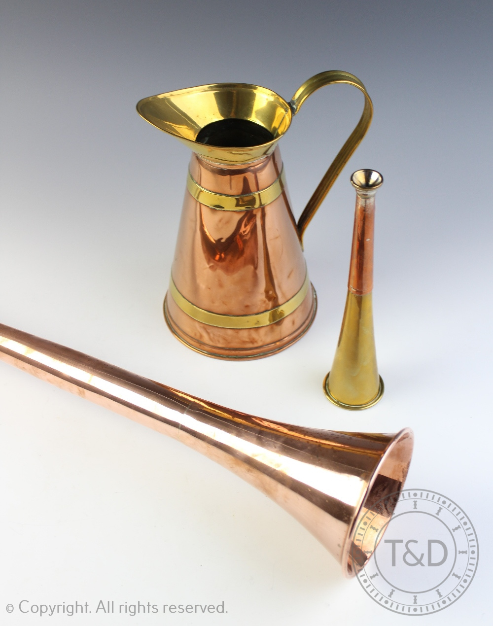 A large 19th century brass mounted copper coaching horn, - Image 3 of 3