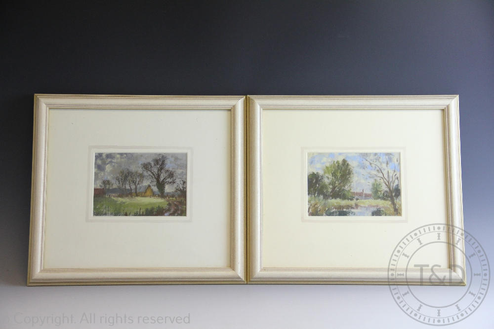 English School - 20th century, Pair of pastels, Country scenes with river and barn, 11.5cm x 16.