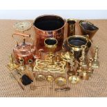 A collection of 19th century and later brass and copper wares, to include a copper coal bucket,