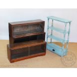 Three Minty style oak bookcase sections, with a modern blue painted bookcase, with base drawer,