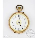 A ladies Swiss fob watch, the white enamel dial with black Arabic numerals and gilt detail,