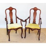 A pair of 19th century Dutch marquetry walnut chairs, with arms,