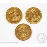 Three Queen Victoria Jubilee head gold full Sovereigns dated 1892,