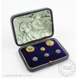 A set of six Victorian 15ct gold and turquoise set dress studs, cased,