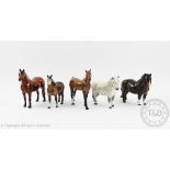 Five Beswick horses comprising; Hackney pony in bay gloss,