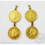 A pair of 1 Dollar set earrings, each designed as a drop of two 1 dollar pieces, all dated 1853,