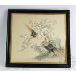 A pair of Japanese painted silkwork pictures of pictures of oriental Pheasants and Storks,