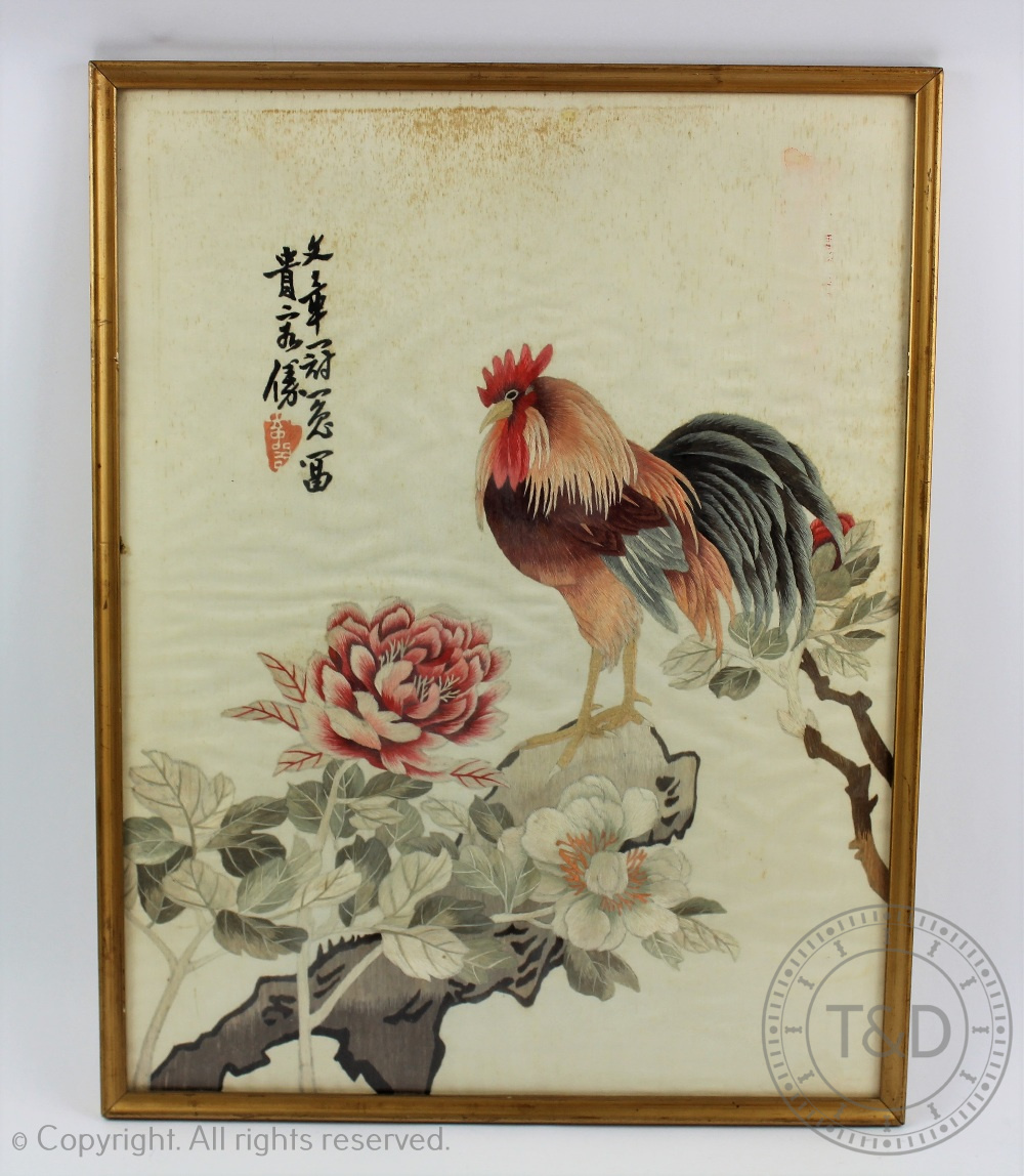 A pair of Chinese silk embroidered panels, 20th century, depicting a cockerel and an eagle,