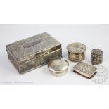 A collection of five boxes, to include; a Dutch silver box depicting 19th century figures, 3.