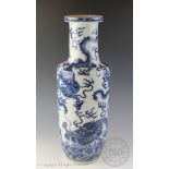 A Chinese porcelain blue and white rouleau vase, Qianlong seal mark,