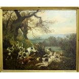 English School - 19th century, Oil on canvas, Fox hounds and a fox in a landscape, Relined, 46.