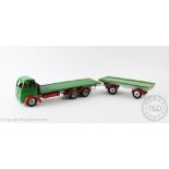 A die cast Shackleton Fodon flat bed lorry and Dyson trailer in green with red wheel arches,