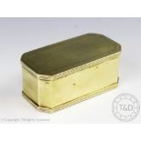 An early 19th century brass tobacco box / fly fishing box, of canted rectangular form,