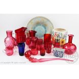 An assortment of Victorian and later cranberry and ruby glass items,