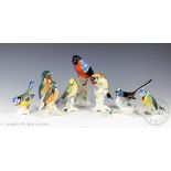 A collection of nine ceramic models of birds comprising four Karl Ens models including a kingfisher,