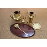 A selection of brass wares to include a twin handled large vase, 34cm high,