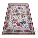 A Kashmir hunting scene carpet, decorated with warriors on horseback against a beige ground,