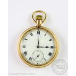 A George V 9ct gold pocket watch by J W Benson, Roman numeral dial with subsidiary seconds,