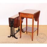 An Edwardian satinwood inlaid mahogany drop leaf side table, with drawer, 71cm H x 49cm D,