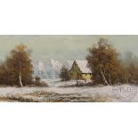 Gillian (20th century), Large oil on canvas, Winter landscape with cottage and mountains beyond,