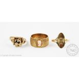 Three gold rings, to include; a cameo set 9ct yellow gold band with textured finish, weight 7gms,