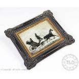 A Victorian reverse painting on glass silhouette of a horse and open carriage,