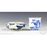 A Chinese porcelain blue and white brush washer, 20th century, decorated with pine trees,