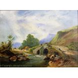 Robert Walker Raphael - 19th century, Oil on canvas, Landscape with fisherman on a bridge,
