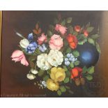 R Rosini (20th century), Oil on canvas, Still life of flowers in a vase, Signed lower right,