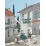 Italian school (20th century) Signed colour print, Veranda village scene, 60.