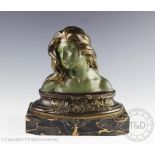After Emmanuel Villanis, a French bronzed spelter figural female bust titled 'Mignon', circa 1900,
