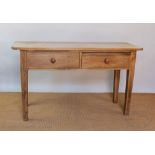 A country kitchen pine side table / hall table, with two drawers, on tapered square legs,