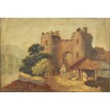 Early 19th century (Continental), Oil on canvas, Mountainous caste ruins and villagers, 17cm x 24.