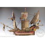 A painted wood model of a three masted ship the Elizabeth,