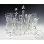 A collection of decorative glass to include, a cut glass claret decanter and stopper,