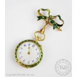 A Swiss 18K, diamond set and green enamelled ladies fob watch,