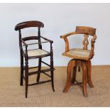 An Edwardian stained beech high chair, with caned seat and turned legs, 80cm H,