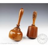 Two late 19th century apprentice turned wood carpenters mallets,