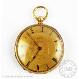 A ladies 18ct gold fob watch, the reverse case engraved with a scrolling floral and foliate detail,