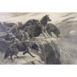 Herbert Dicksee (1862-1942), Etching, 'Baffled', Wolf pack on a cliff edge, BTO blind stamp,