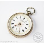 A Continental silver cased fob watch, the white enamel dial with pink blush centre,