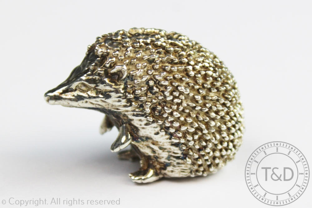 A novelty silver model of a hedgehog, James R Biggins, Sheffield 2017, realistically modelled,