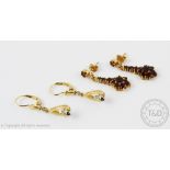 A pair of sapphire and diamond set 9ct yellow gold, drop earrings,