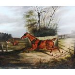 James Clark, Pair of oils on canvas, The Runaway Horses, Signed in red paint lower right,