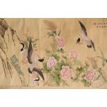 A Chinese printed and painted scroll, decorated with three ducks,