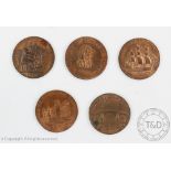 A collection of five various half penny tokens, 18th century; 'Success to the coal trade,