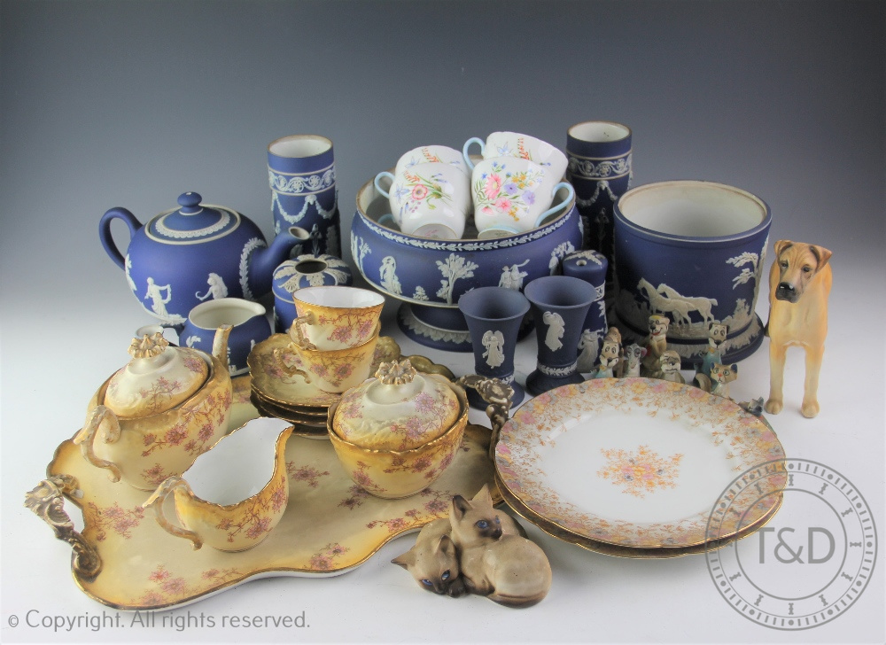 A collection of Wedgwood and Adams Jasper wares, including a pair of spill vases, 17cm,