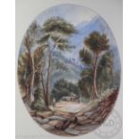 English School - late 19th century, Oval watercolour, Mountain landscape with figures and a camel,